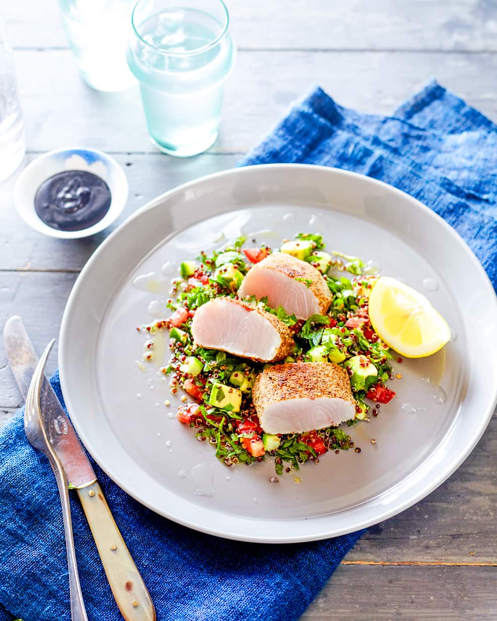 Spiced queenfish with quinoa tabbouleh