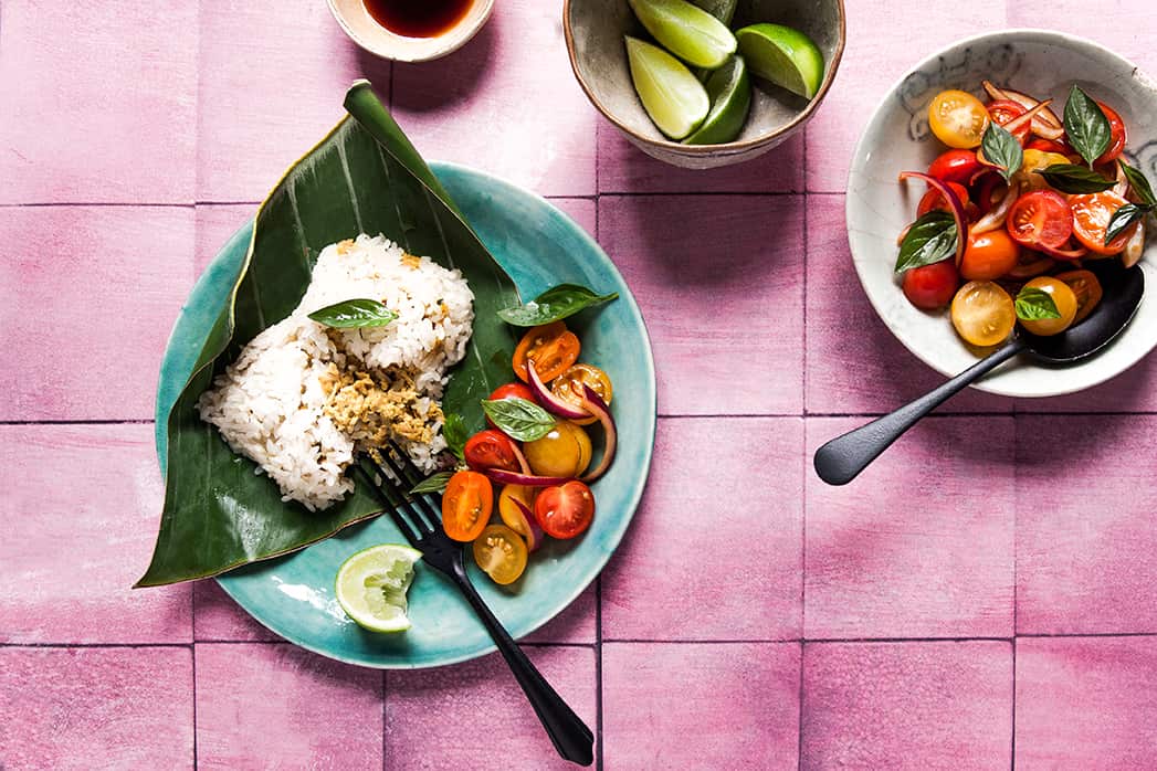Spiced tuna and sticky rice in banana leaf