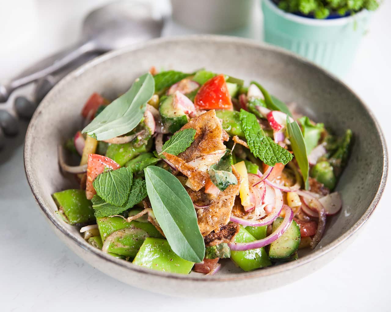 Spring bean fattoush and roast garlic dressing