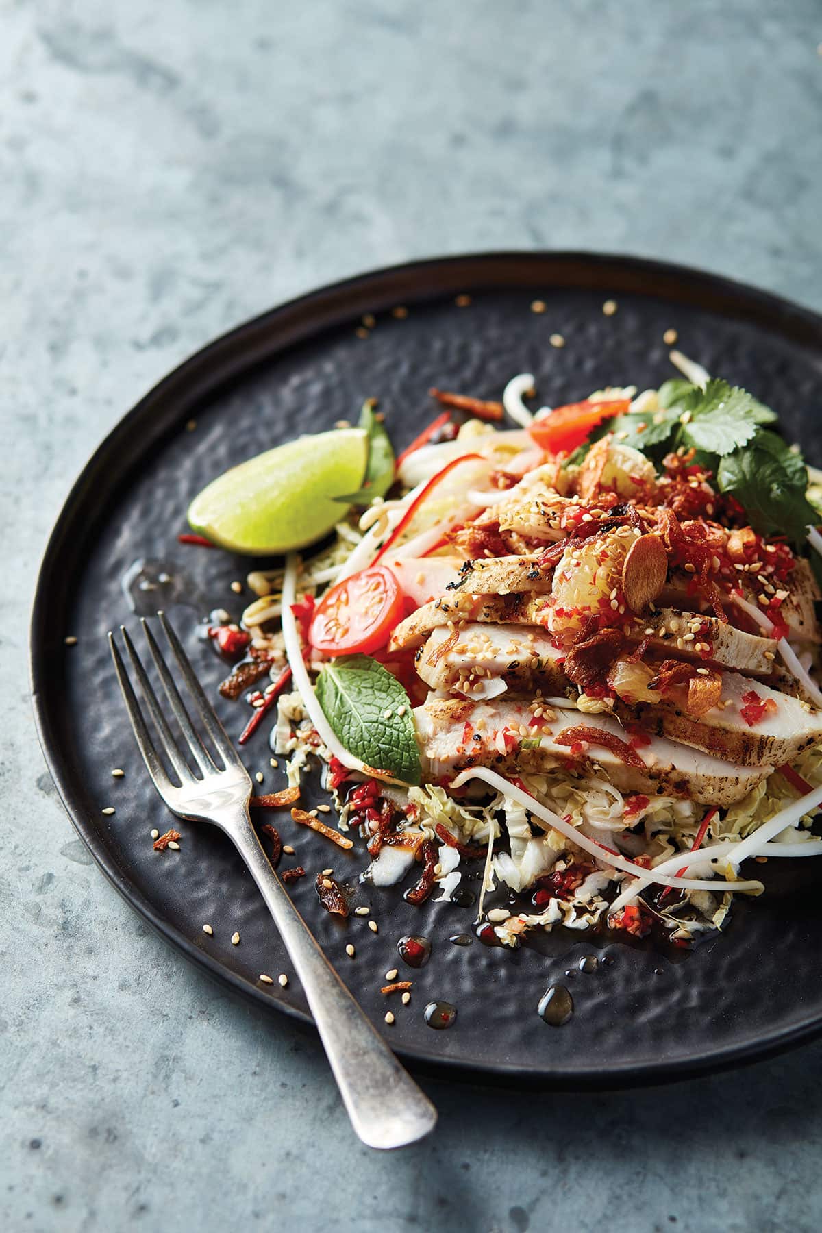 Grilled lemongrass chicken salad with nuoc cham