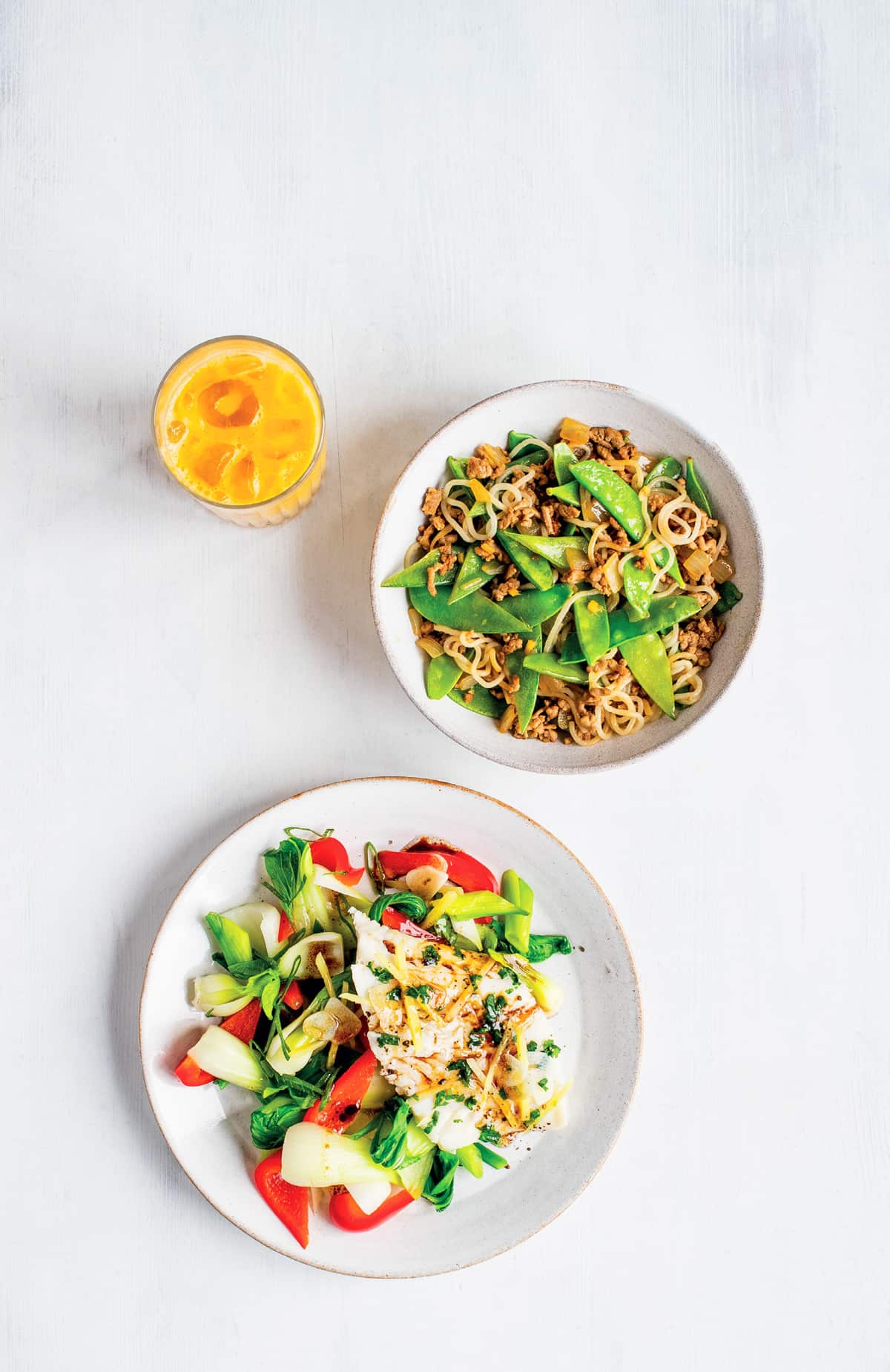 Minced pork and snow pea stir-fry with noodles