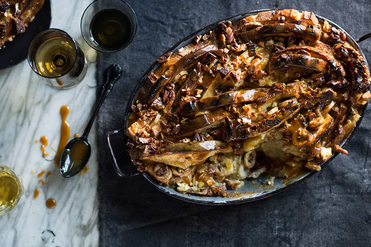 Sticky banana and pecan bread and butter pudding