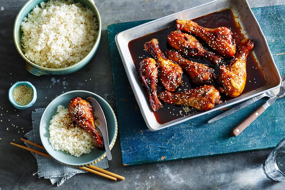 Asian Honey soy chicken drumsticks with coconut cream rice
