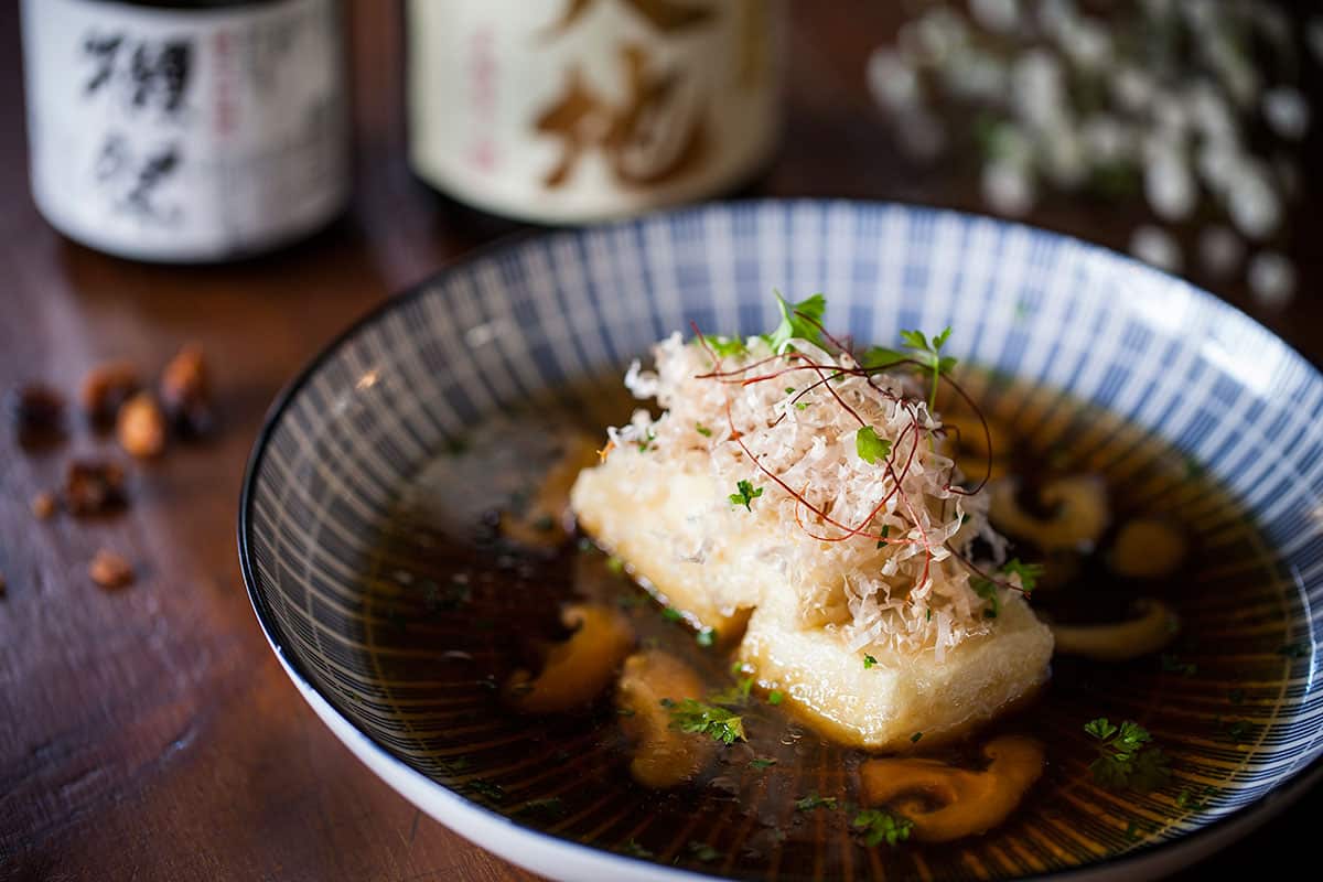 Agadashi tofu is topped with ginger floss at Sven-San.