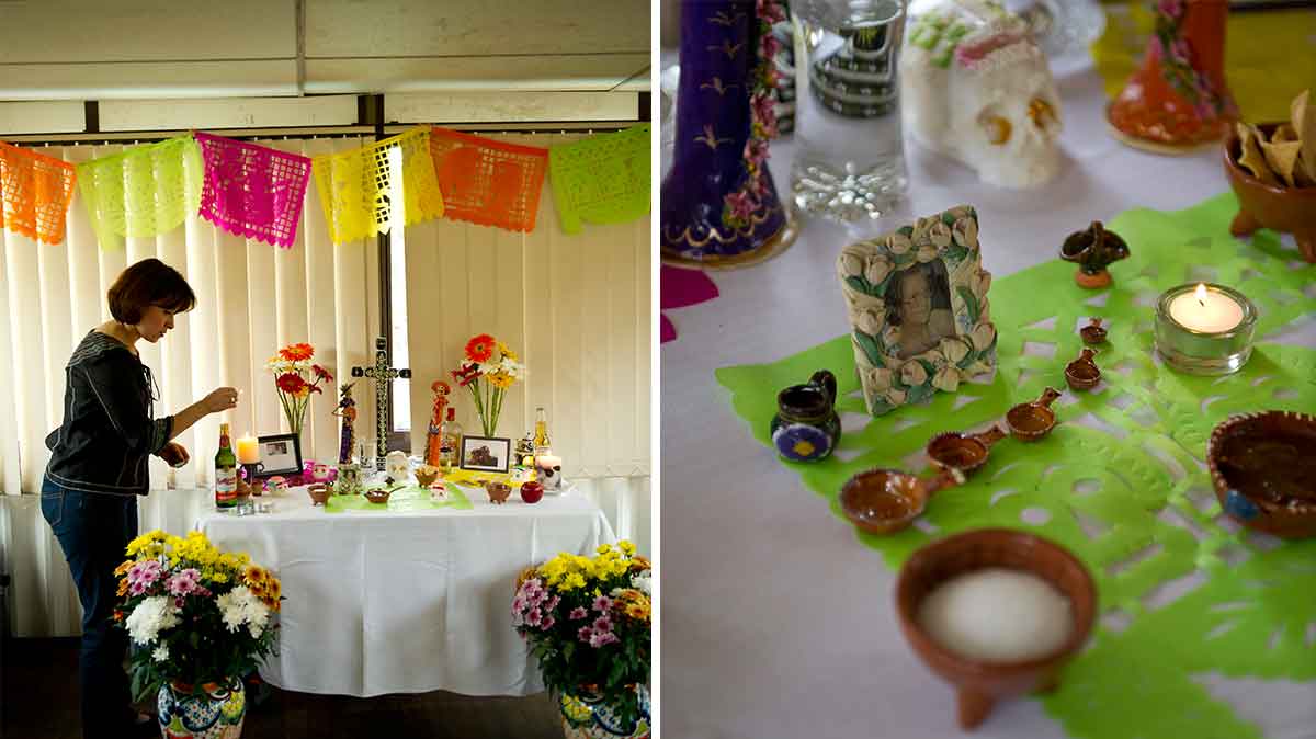 Marycarmen Aguilera at an alter dedicated to departed loved ones. 