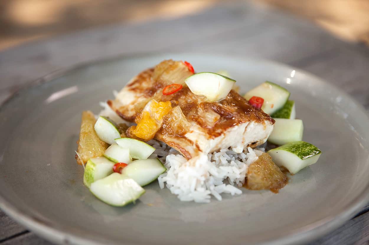 Mahi mahi with sticky citrus sauce 
