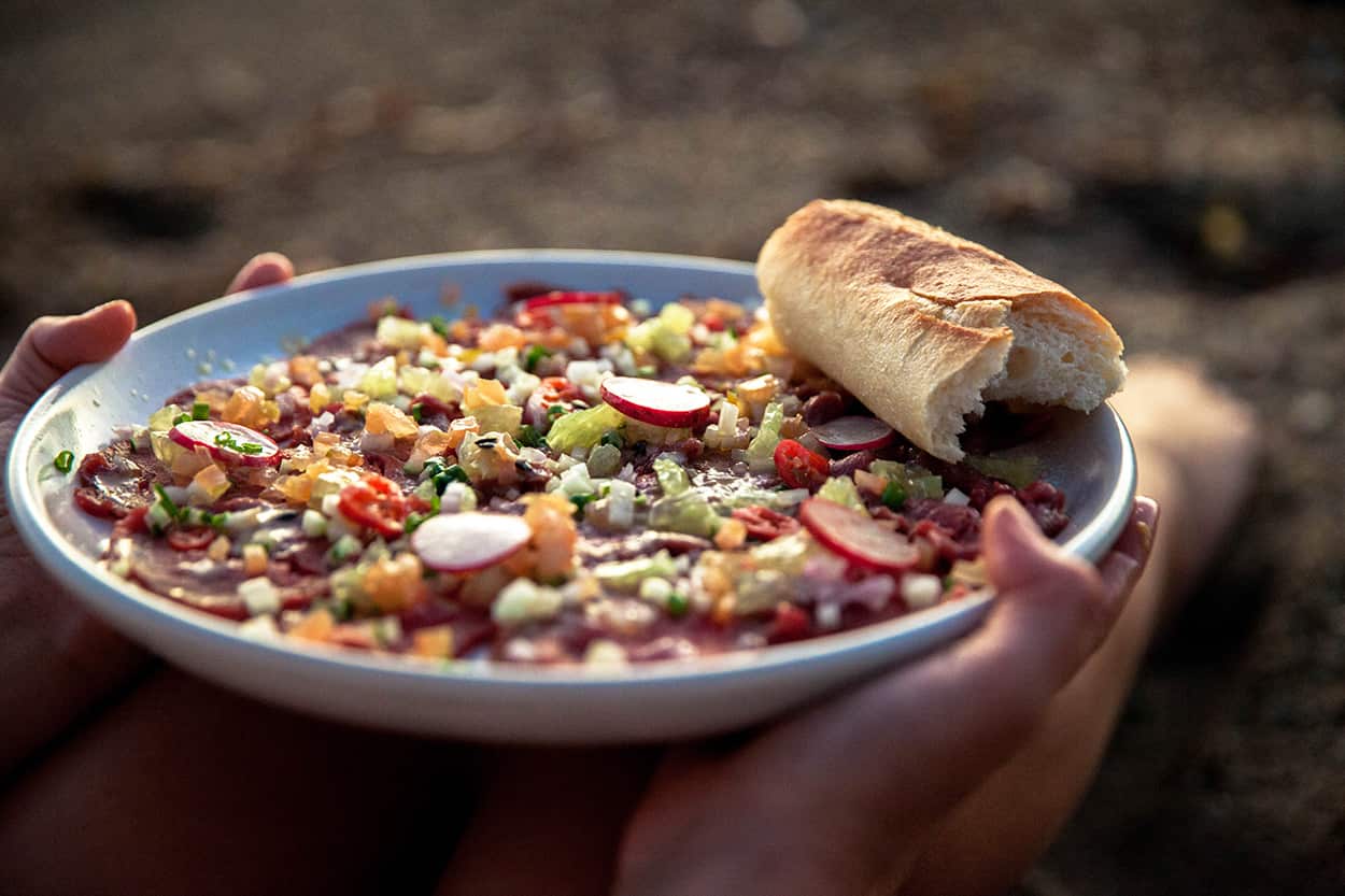 Beef carpaccio with cucumber, grapefruit and green papaya