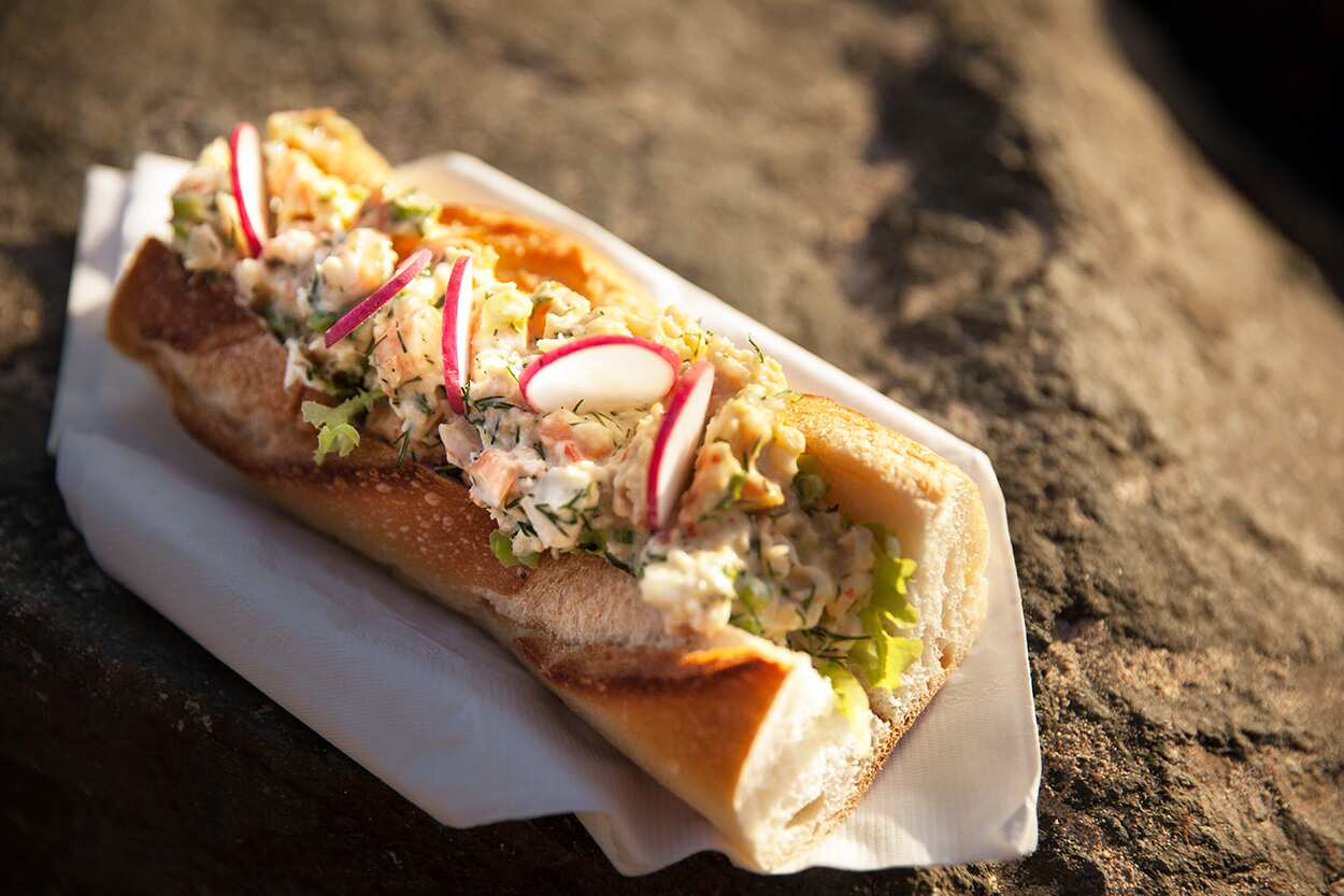 Francophile crab and prawn baguette