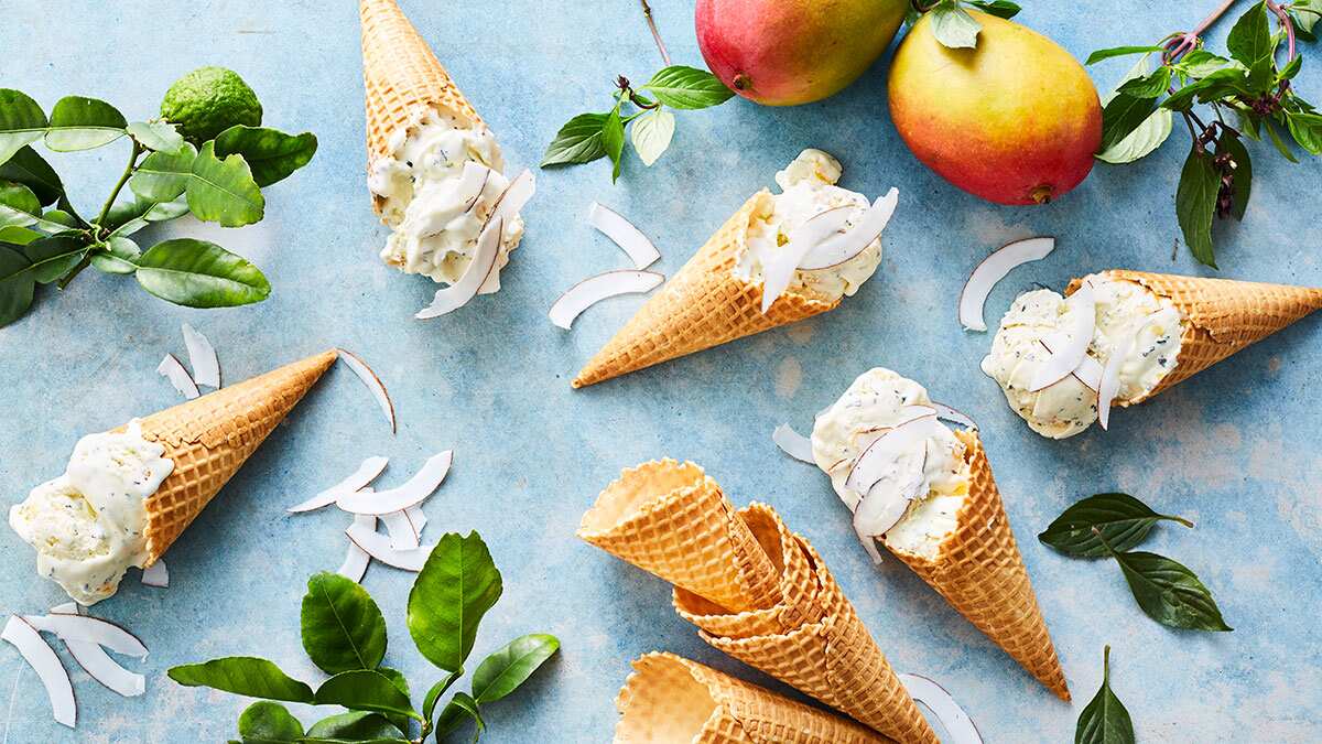 Mango and Thai basil ice-cream with fresh coconut shavings 