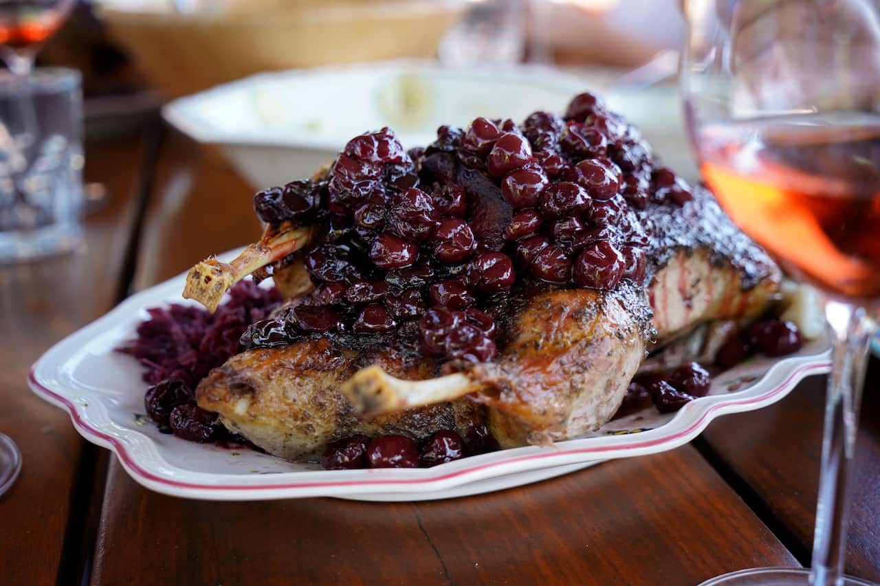 Polish stuffed duck with a sour cherry and apple sauce.