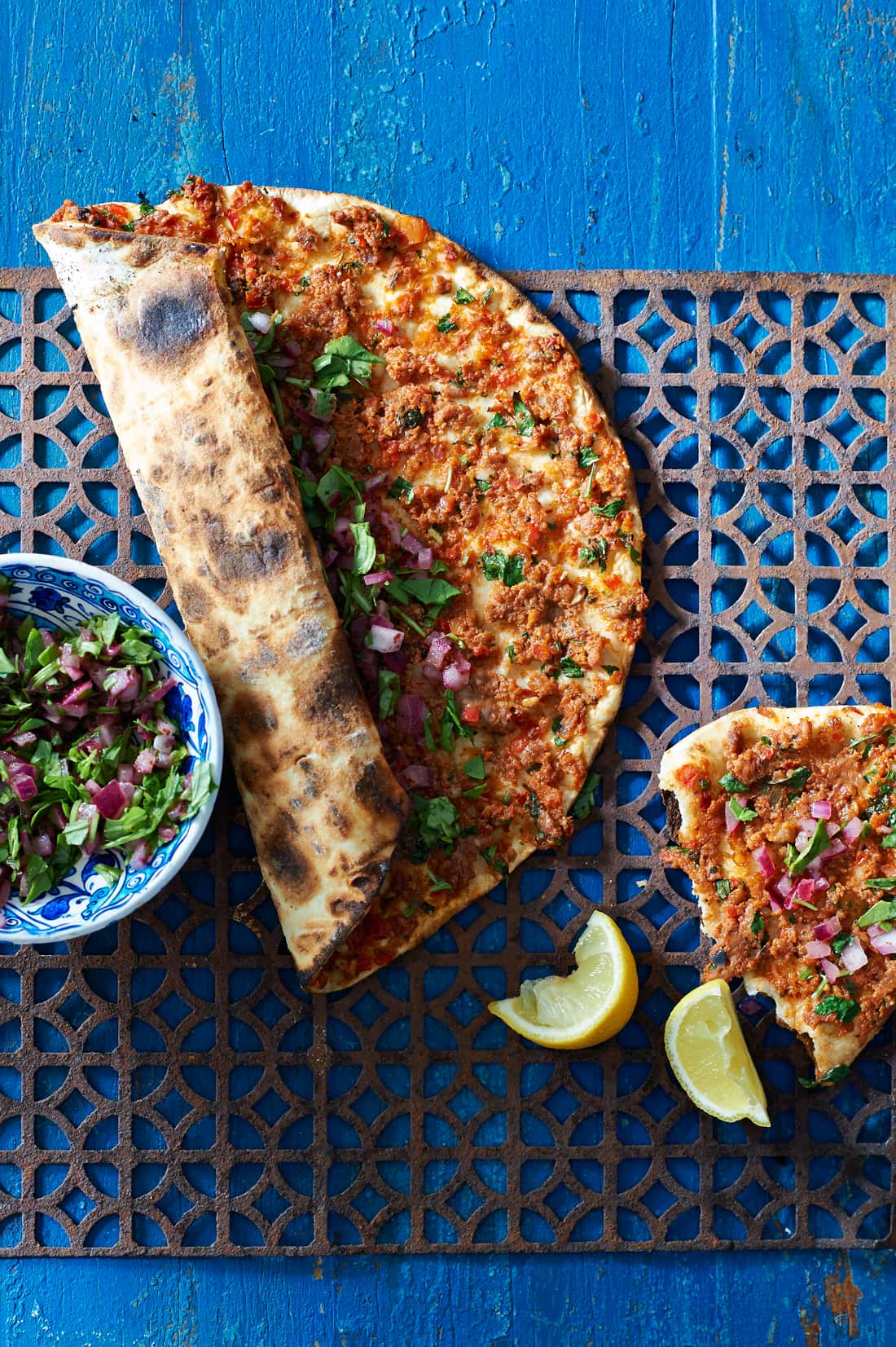 Thin-crust pide with spicy lamb topping
