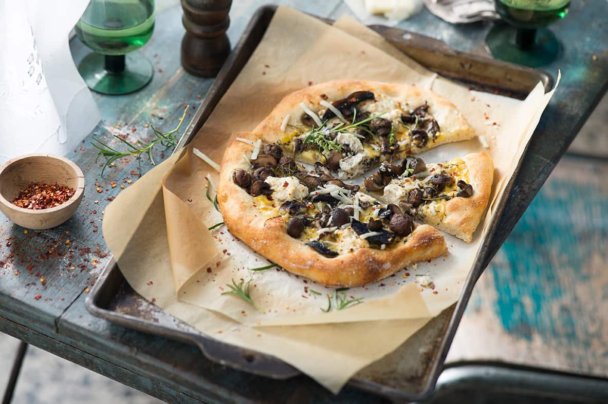 Three-cheese mushroom sourdough pizza
