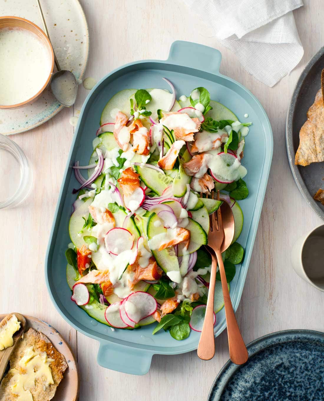 Hot-smoked salmon, roasted garlic & apple salad