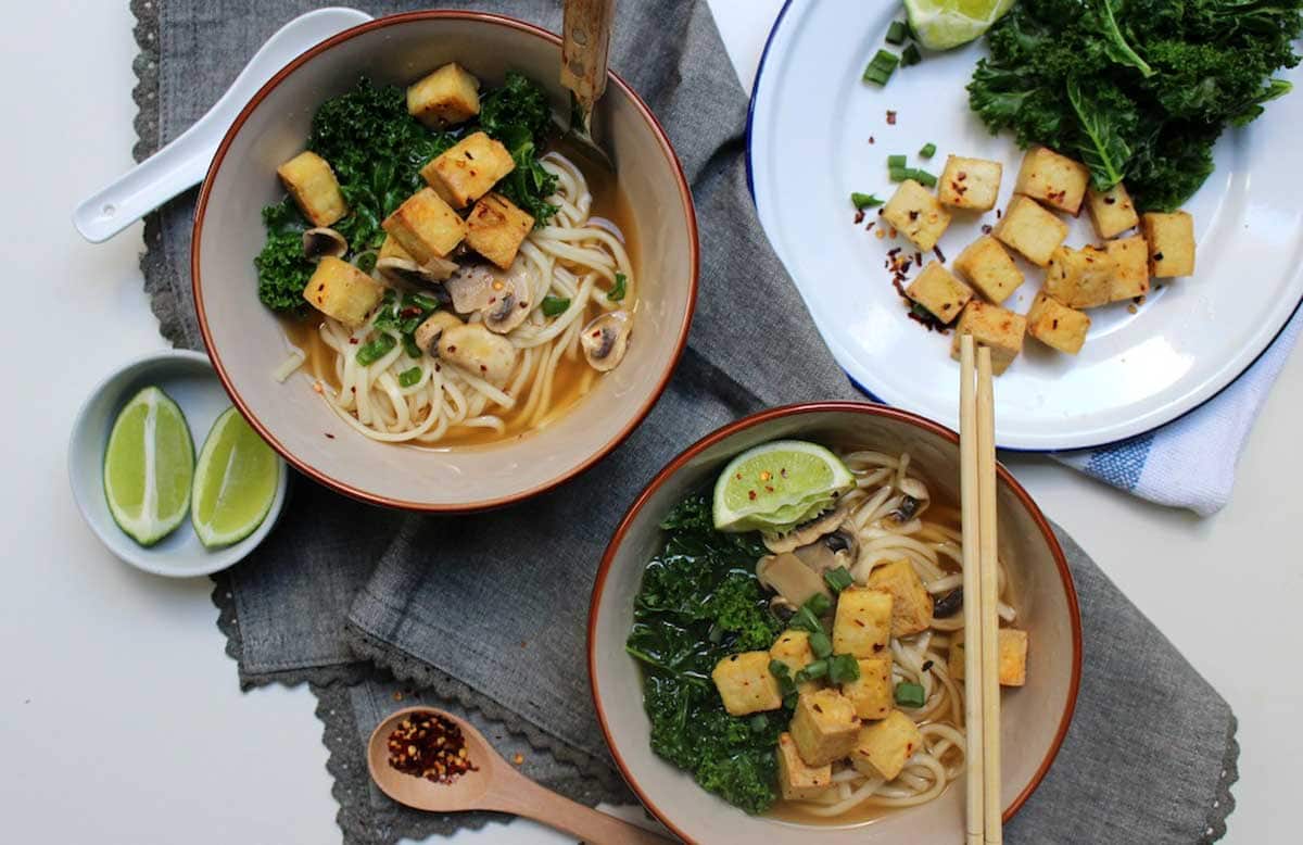 Vegan udon noodle soup with chilli lime roasted tofu