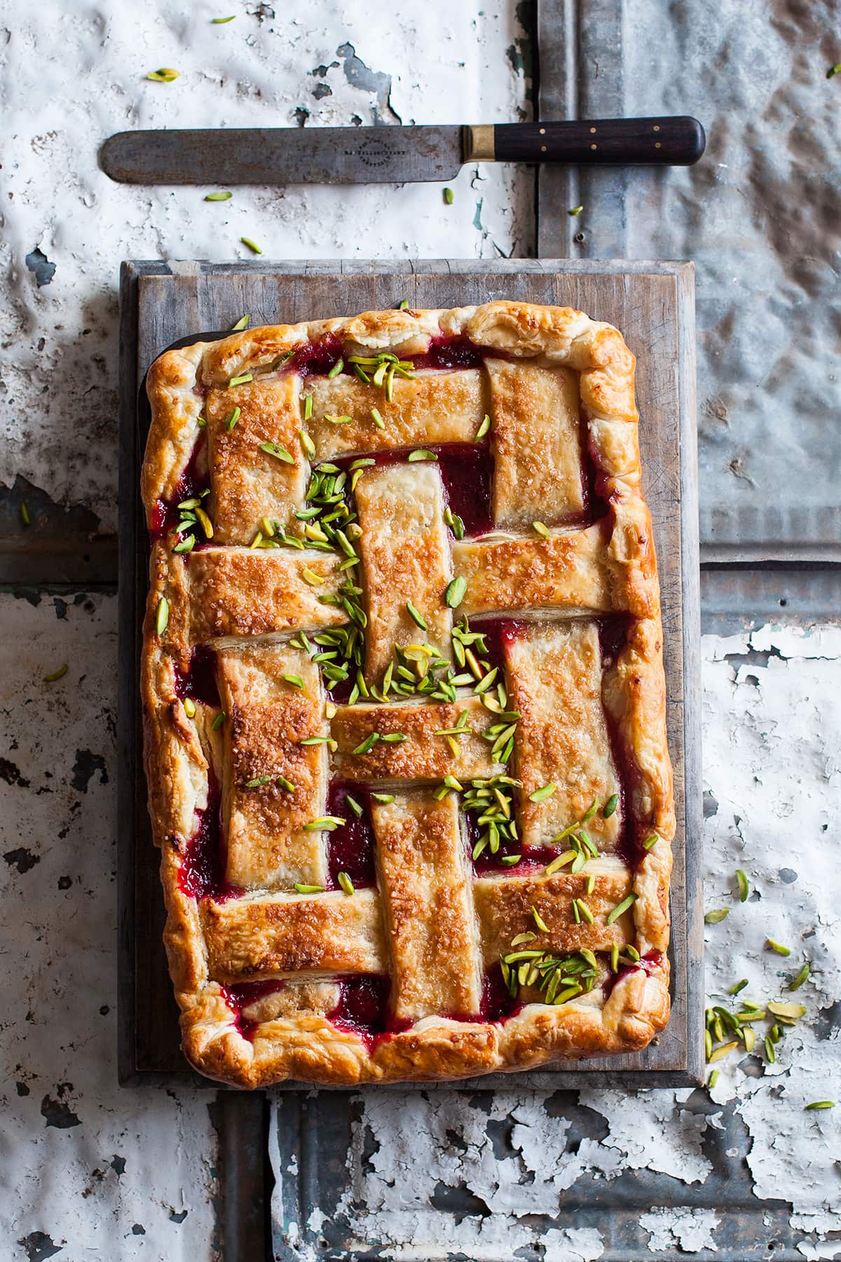 Rhubarb, orange and pistachio pie