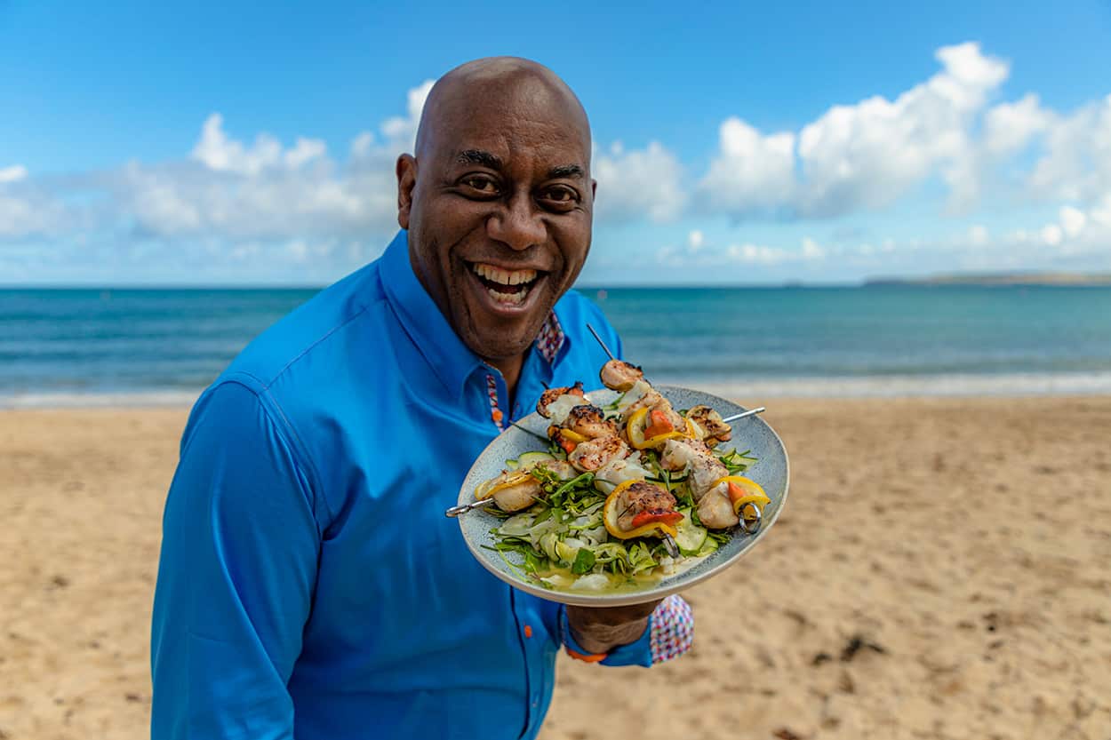 Ainsley Harriott with zesty seafood kebabs with shaved courgette and fennel salad