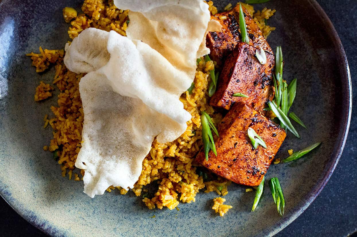 Vegetarian Nasi Goreng with Marinated Paneer Homemade Prawn Crackers