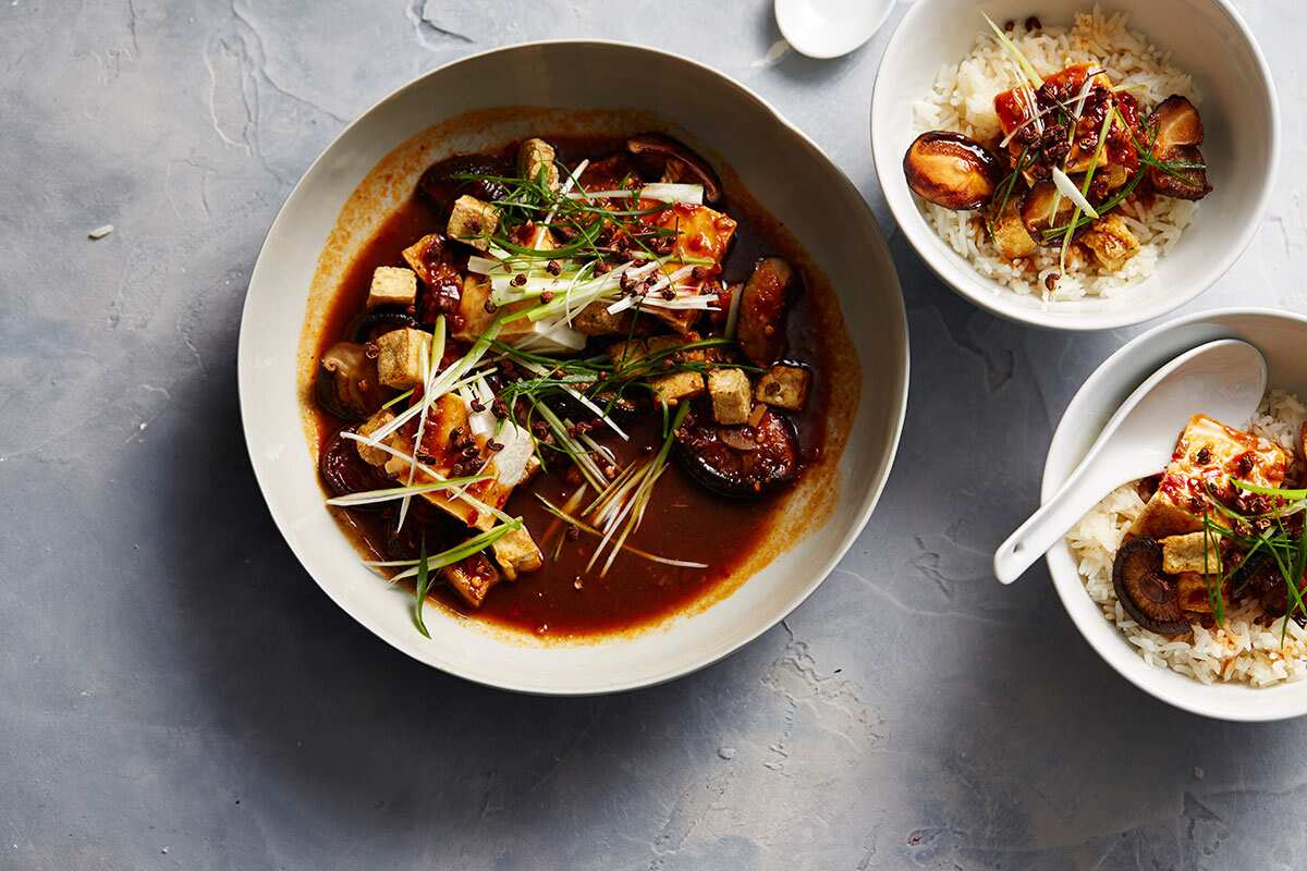 Vegetarian mapo tofu with shitake mushrooms