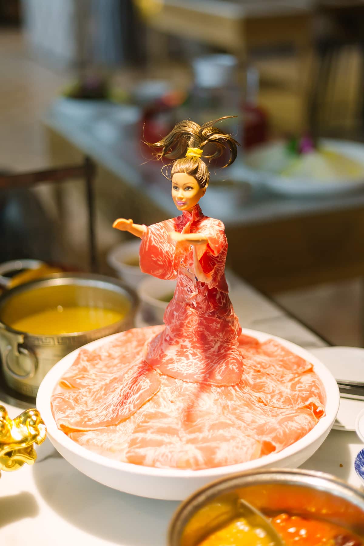 A Barbie doll wearing a wagyu gown is another protein option.