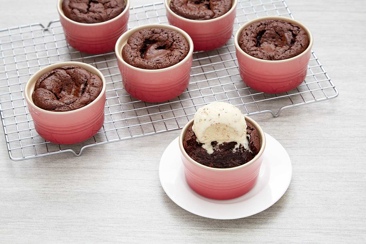 Warm chocolate budini with toasted marshmallow ice cream