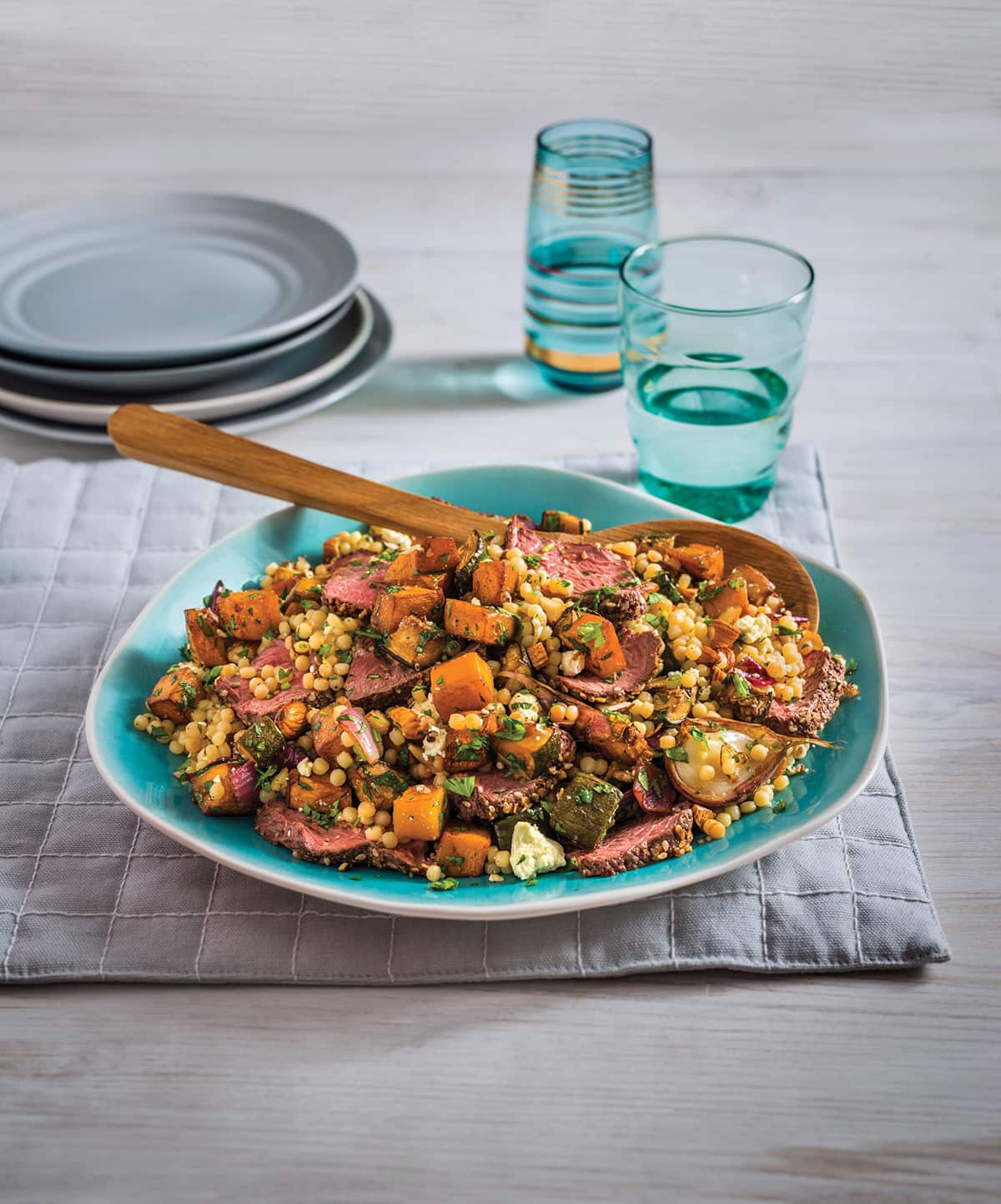 Warm couscous and pumpkin salad with dukkah kangaroo fillet