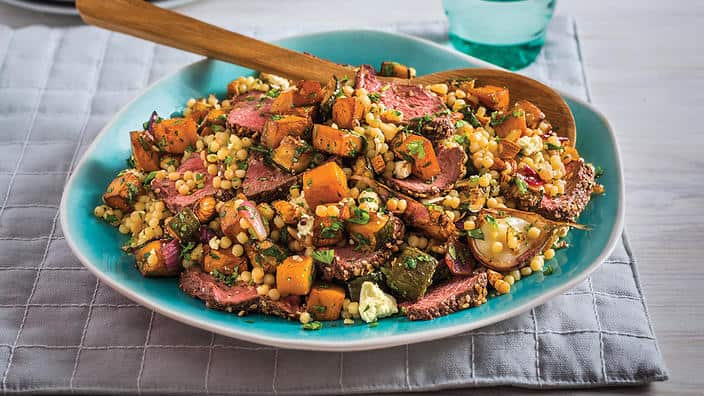 Warm couscous and pumpkin salad with dukkah kangaroo fillet