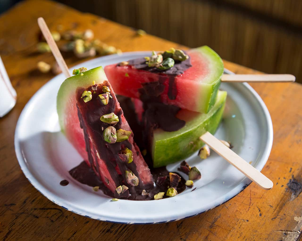 Watermelon iceblocks with dark chocolate drizzle