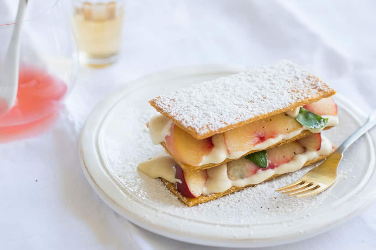 White peach and basil mille feuille