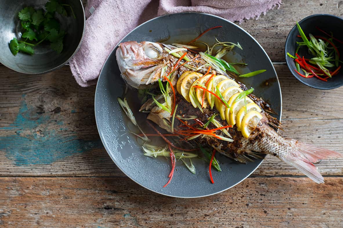Whole snapper steamed with black beans, lemon and chilli