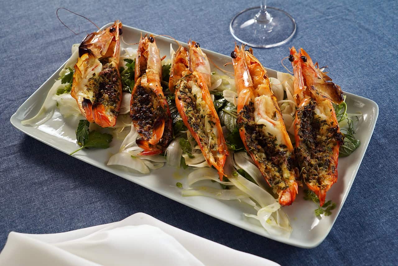 King prawns with herb butter, fennel salad