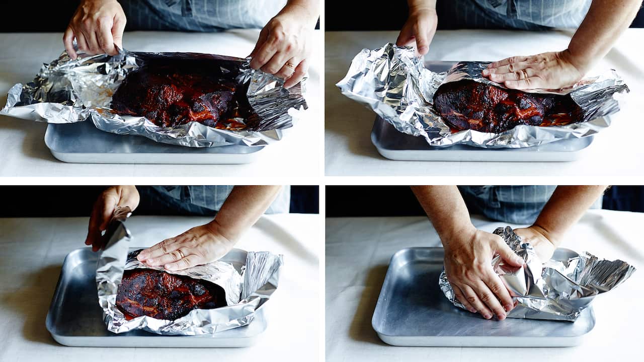 Wrapping pulled pork during cooking