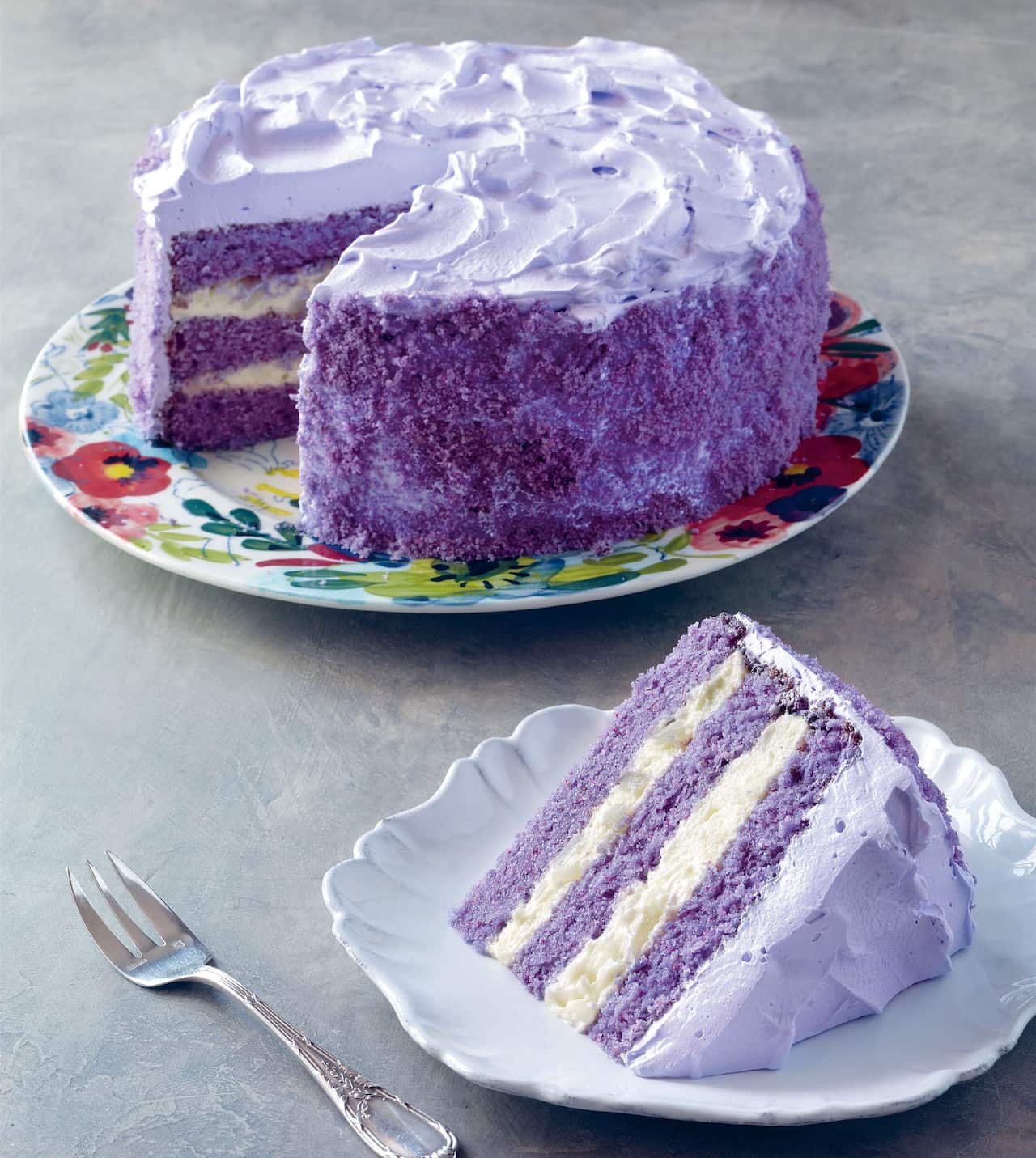 Ube macapuno cake is a sight for sore eyes.
