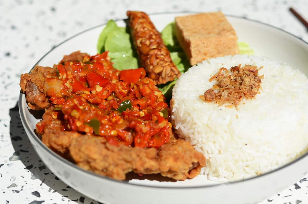 The ayam geprek comes with a good portion of red sambal.