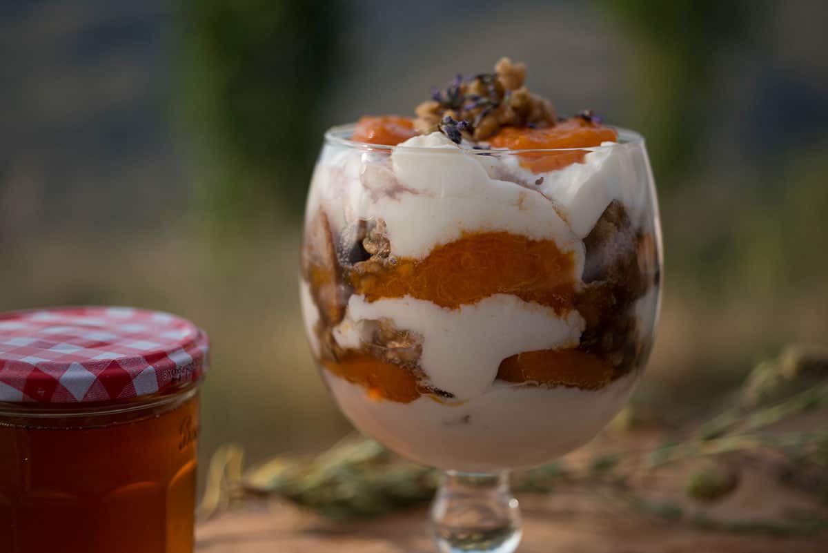 Honey and apricot trifle with walnuts and lavender