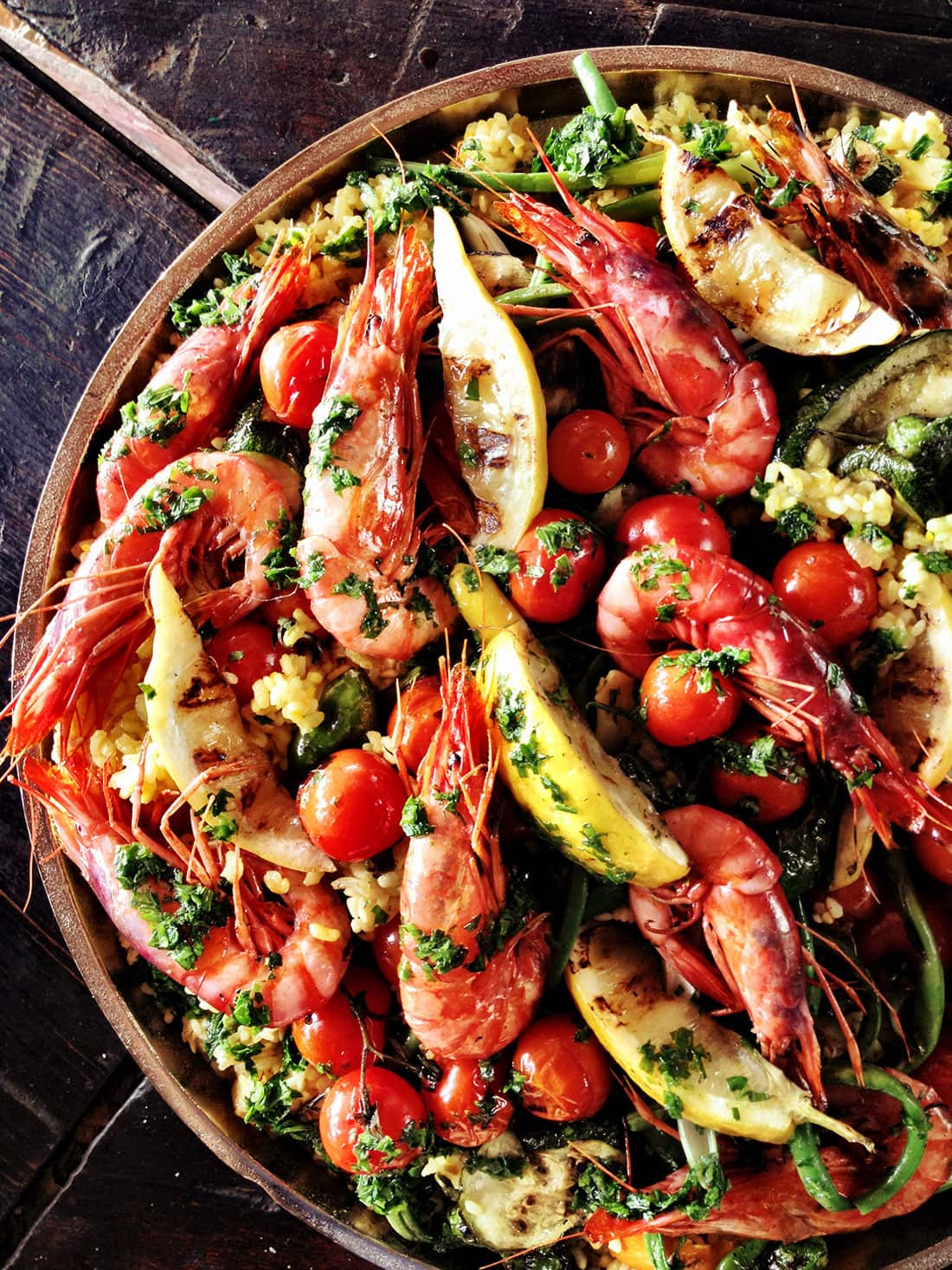 Paella with Soller prawns and grilled vegetables