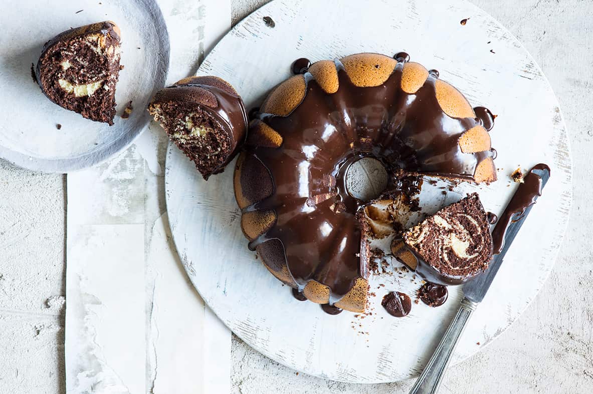 Zebra cake with chocolate fudge glaze