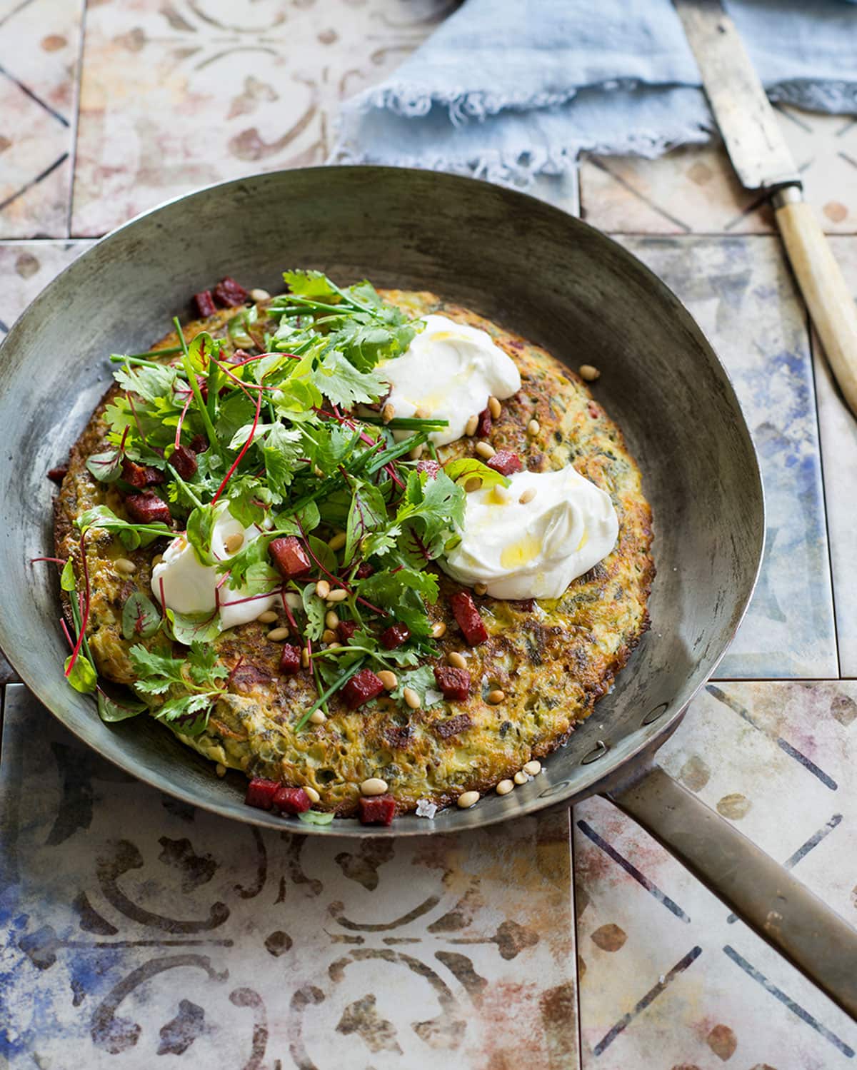 Zucchini, sujuk and labneh omelette