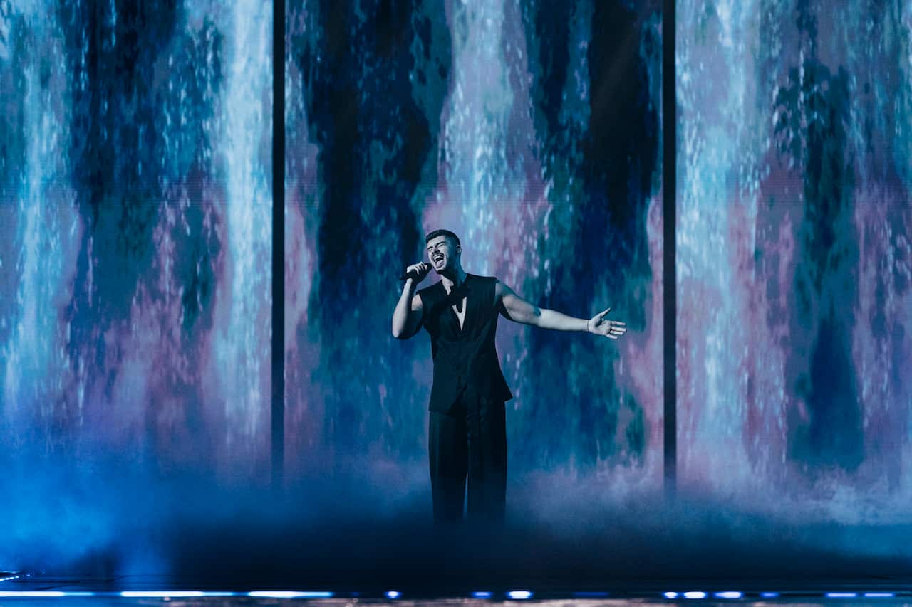 Andrew Lambrou rehearsing Break A Broken Heart for Cyprus at the First Rehearsal of the Second Semi-Final at Liverpool Arena