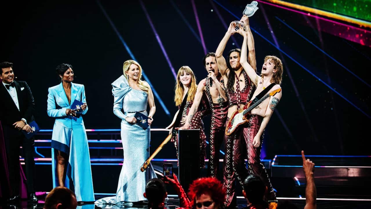 65th Eurovision Song Contest, Grand Final held at Rotterdam, The Netherlands, on May 22, 2021. Maneskin from Italy wins the Eurovision Song Contest 2021 with the song Zitti E Buoni.