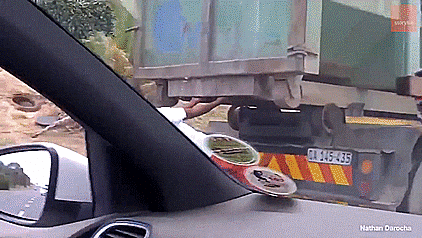 child riding on back of moving truck