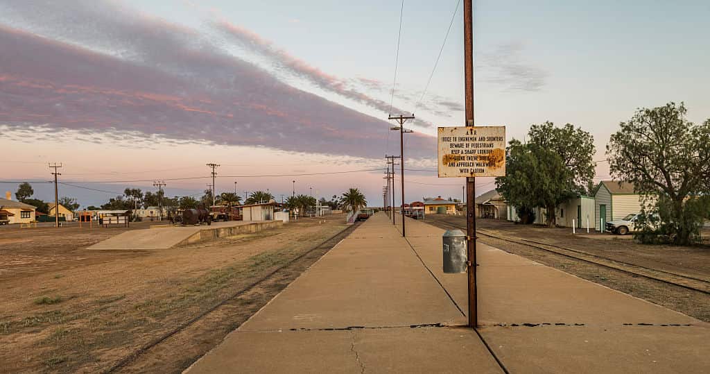 Dawn over the disused rail lines at Marree