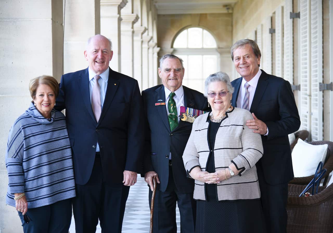 His Excellency General the Honourable Sir Peter Cosgrove AK MC (Retd), Governor-General of the Commonwealth of Australia, and Her Excellency Lady Cosgrove with Keith Payne, VC, AM, Florence Payne and Ray Martin at Admiralty House, Sydney.