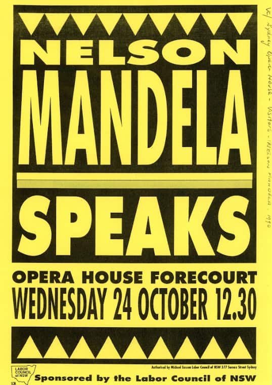 A 1990 flyer advertising Nelson Mandela's Sydney speech.
