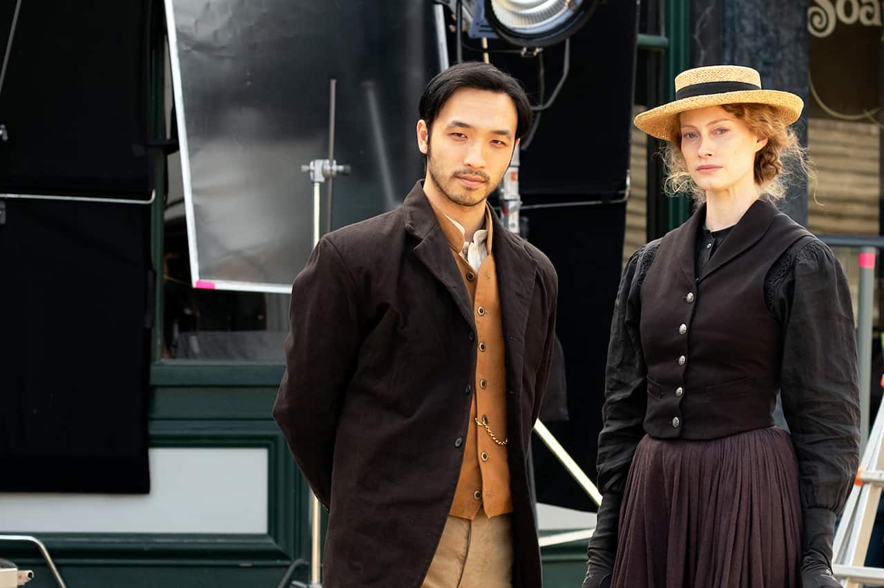 Yoson An & Alyssa Sutherland filming New Gold Mountain