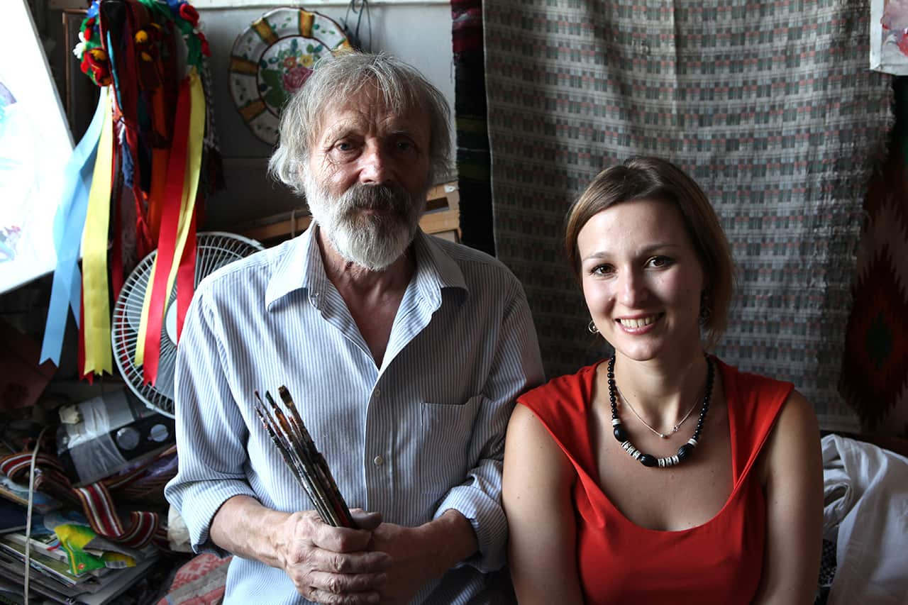 Julia Nalivaiko in the studio of Ukrainian portrait painter Petro Hanzha, Kyiv Pechersk Lavra, Kyiv