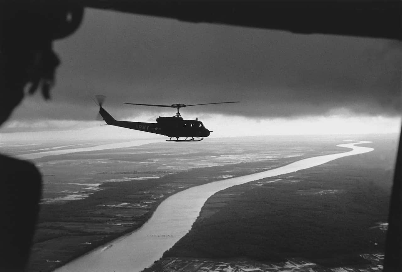 South Vietnamese troops fly over the Mekong Delta.