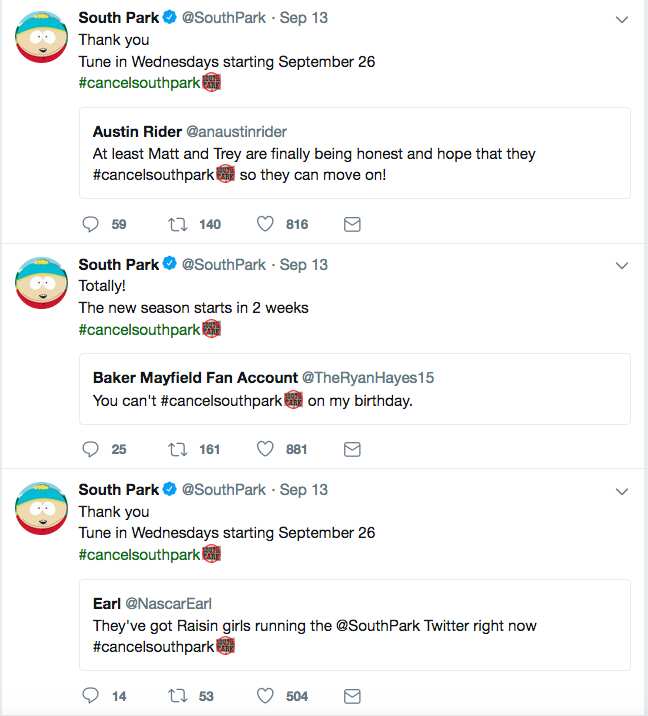 south park tweets response to cancellation