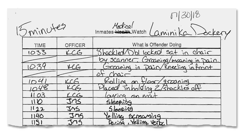 Notes kept by workers on Ms Dockery’s condition.