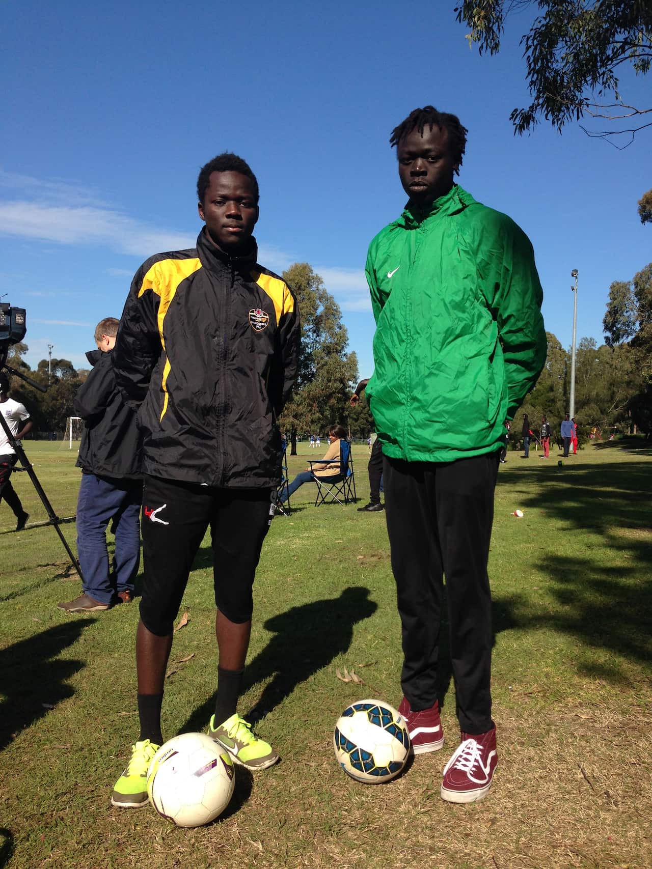 South Sudanese football players 17 year old, Denis Ochaya (left) and 20 year old, Garang Awac. (SBS)