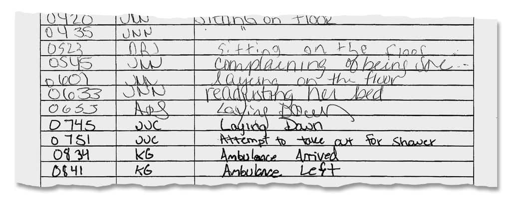 Notes kept by workers on Ms Dockery’s condition.